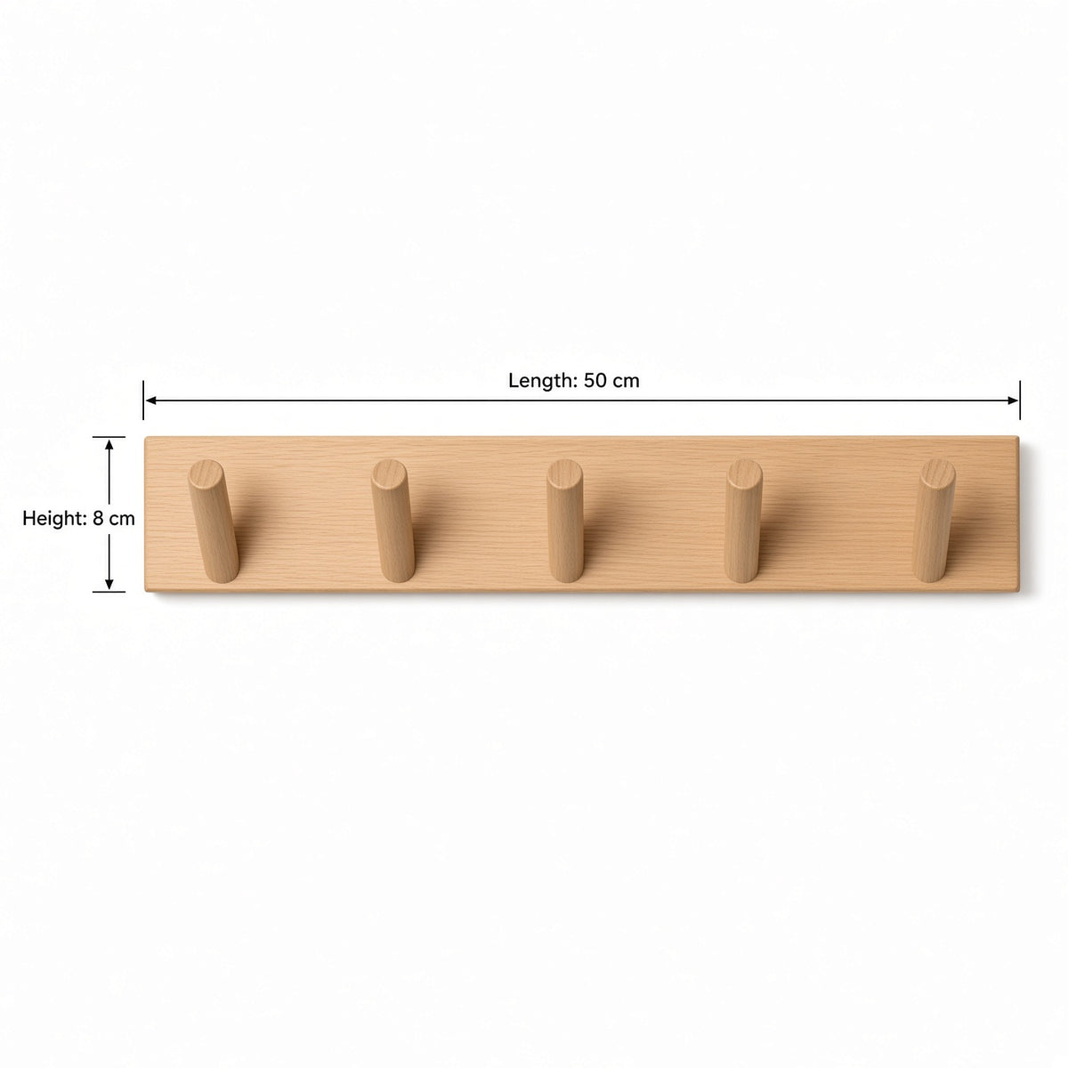 Wooden Wall Peg Rack with 5 Cylindrical Hooks | Light Oak Coat Hanger