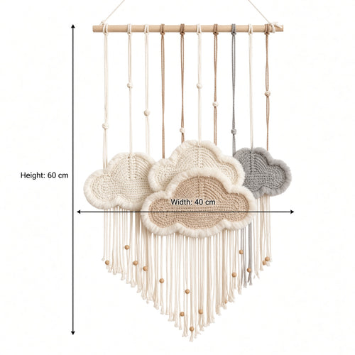 Macrame Cloud Wall Hanging with Wooden Dowel | Boho Nursery & Bedroom Decor