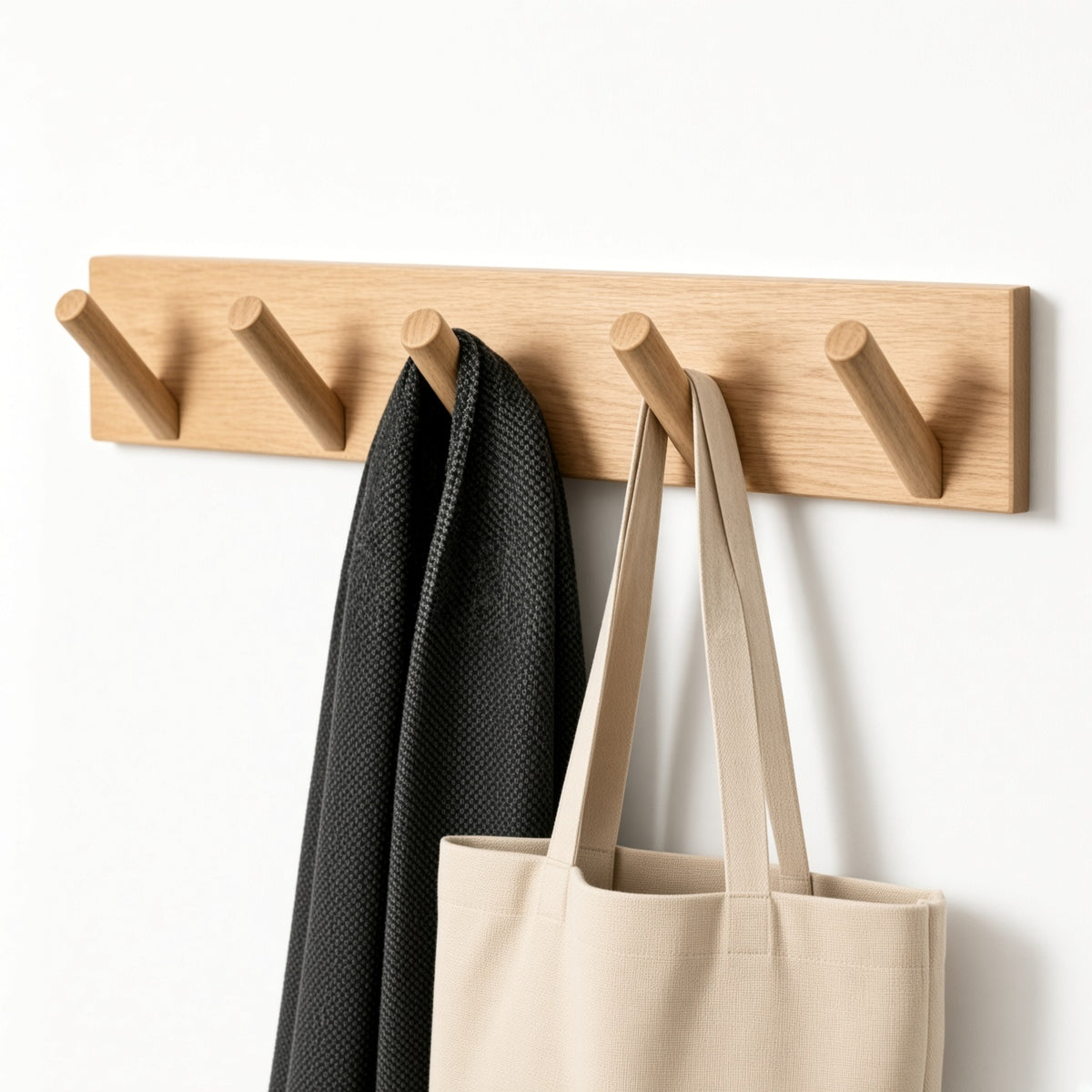 Wooden Wall Peg Rack with 5 Cylindrical Hooks | Light Oak Coat Hanger