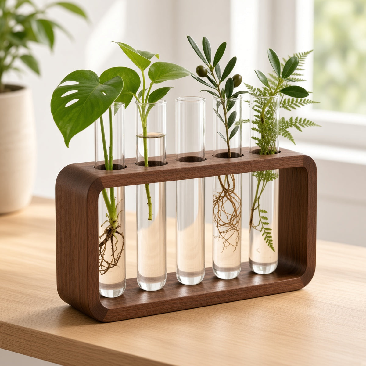 Wooden Test Tube Plant Propagation Station | 5-Tube Hydroponic Vase