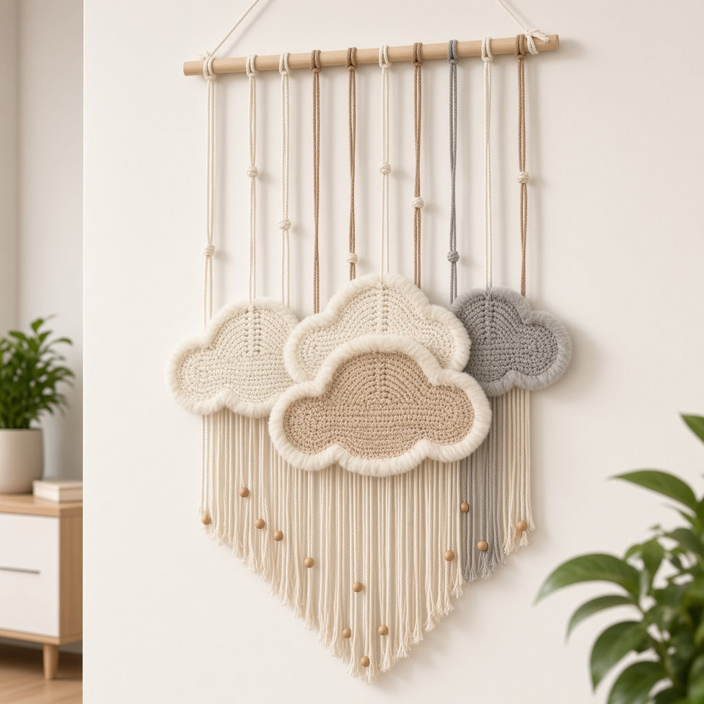 Macrame Cloud Wall Hanging with Wooden Dowel | Boho Nursery & Bedroom Decor
