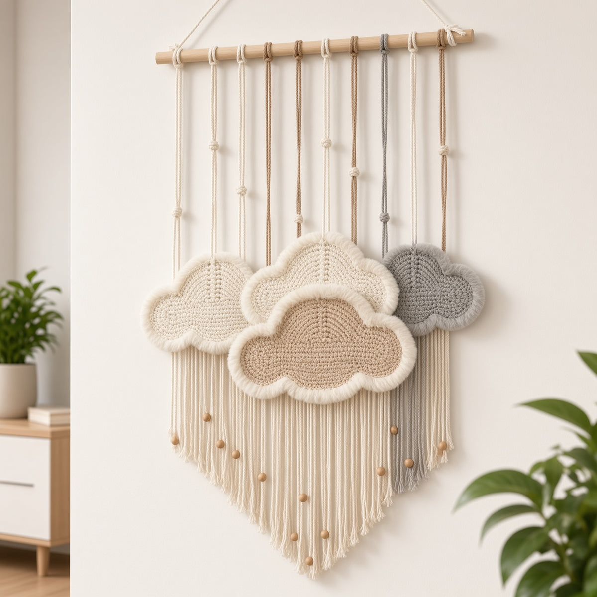 Macrame Cloud Wall Hanging with Wooden Dowel | Boho Nursery & Bedroom Decor