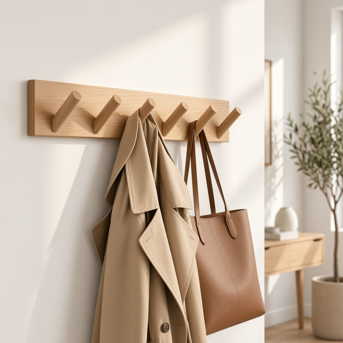 Wooden Wall Peg Rack with 5 Cylindrical Hooks | Light Oak Coat Hanger