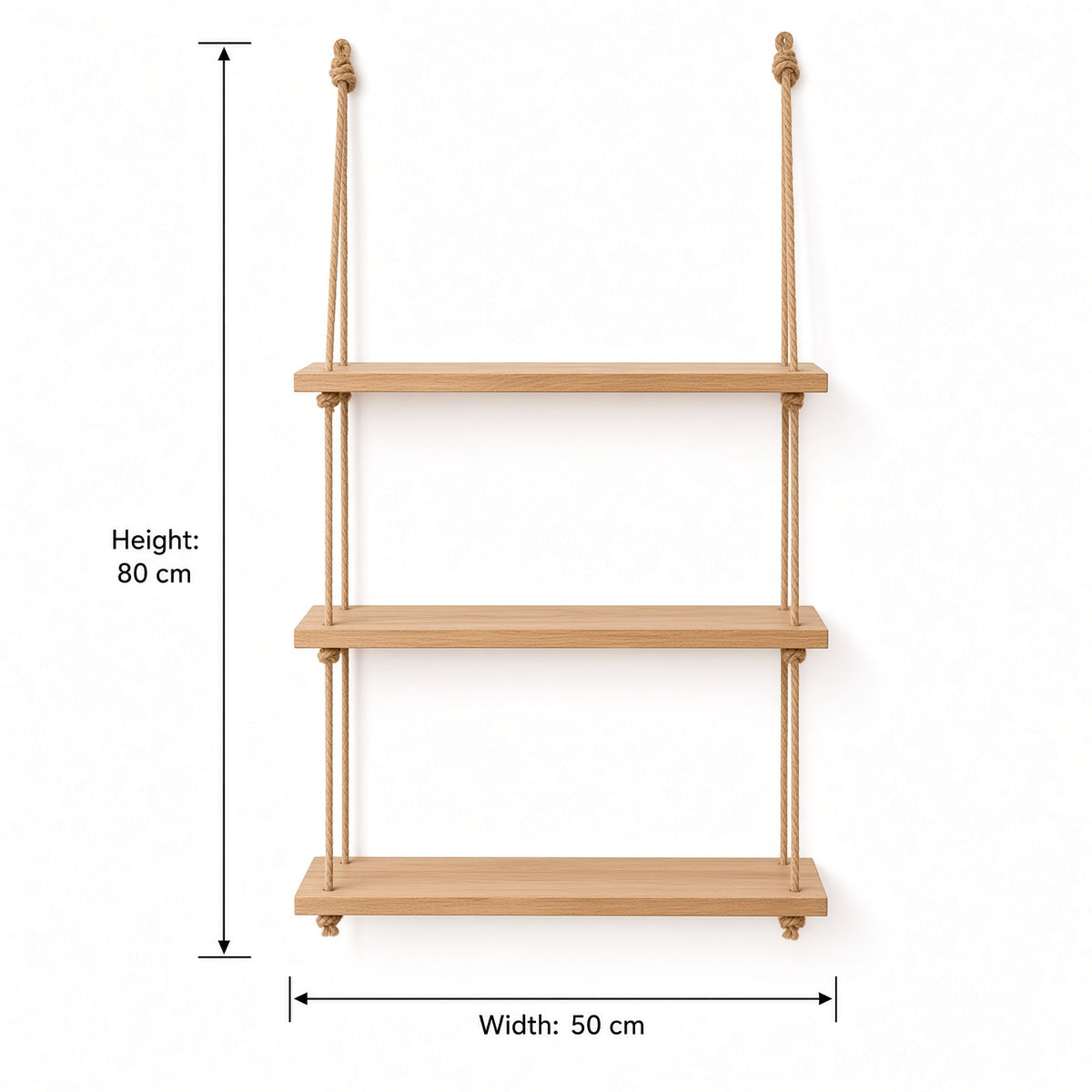 Three-Tier Hanging Rope Shelf in Natural Wood | Rustic Wall Storage
