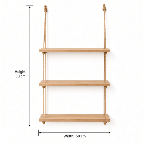 Three-Tier Hanging Rope Shelf in Natural Wood | Rustic Wall Storage