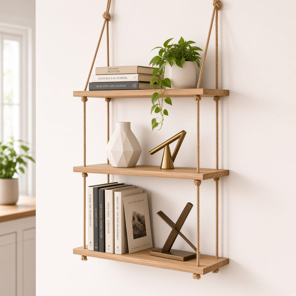 Three-Tier Hanging Rope Shelf in Natural Wood | Rustic Wall Storage