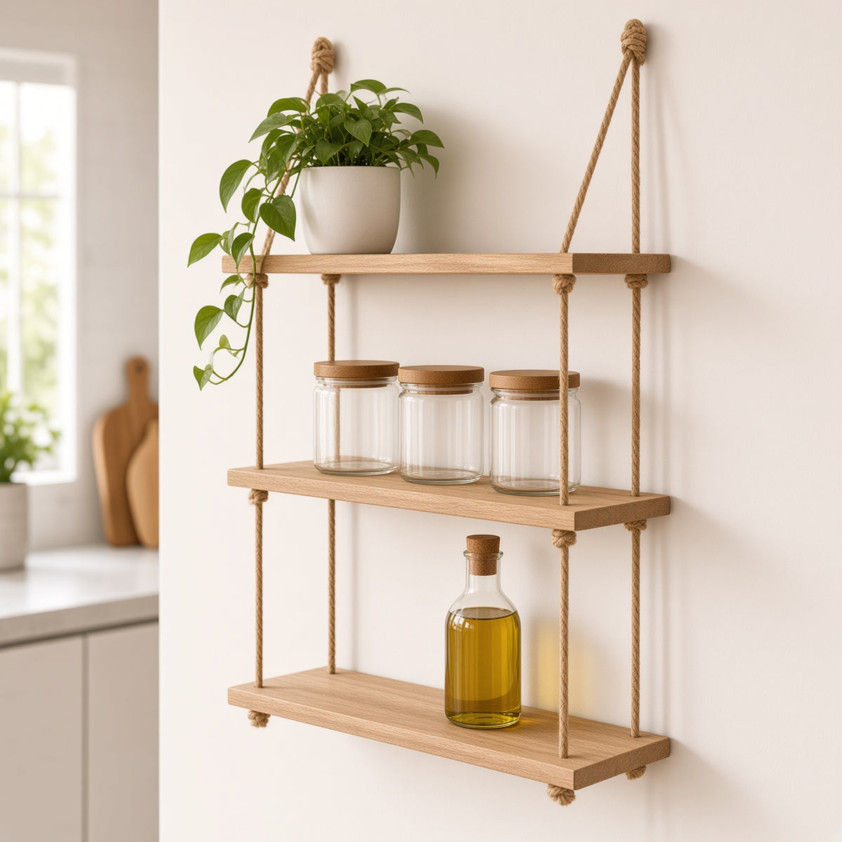 Three-Tier Hanging Rope Shelf in Natural Wood | Rustic Wall Storage