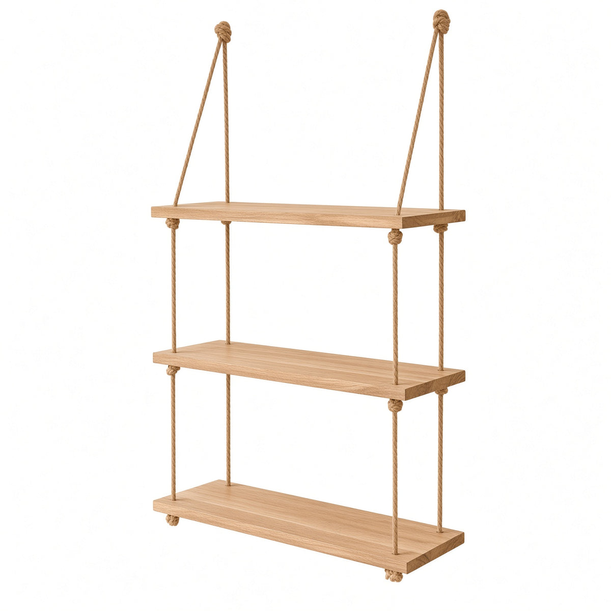 Three-Tier Hanging Rope Shelf in Natural Wood | Rustic Wall Storage