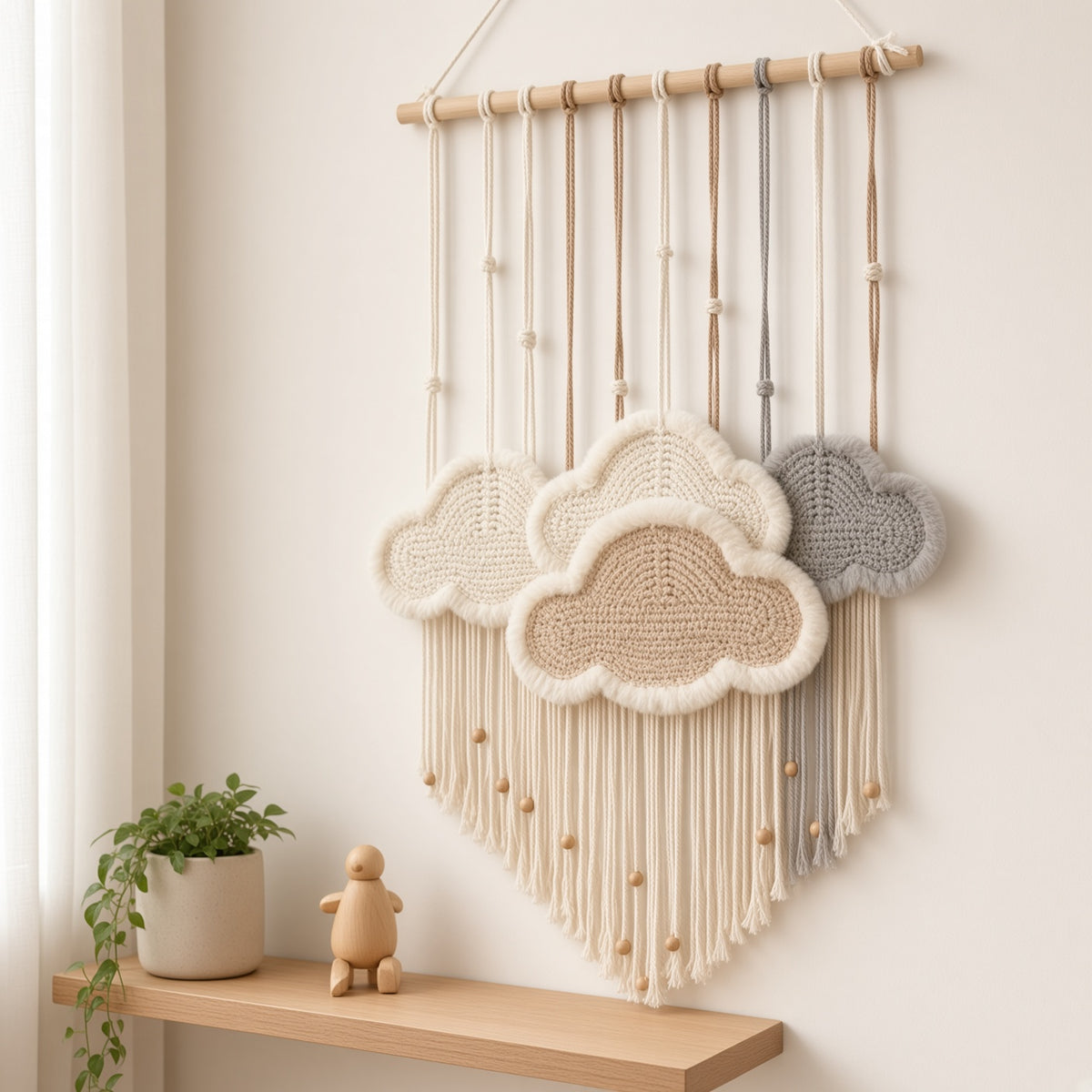 Macrame Cloud Wall Hanging with Wooden Dowel | Boho Nursery & Bedroom Decor