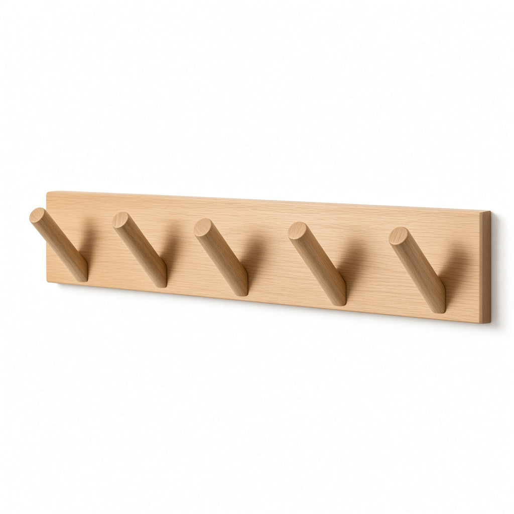 Wooden Wall Peg Rack with 5 Cylindrical Hooks | Light Oak Coat Hanger