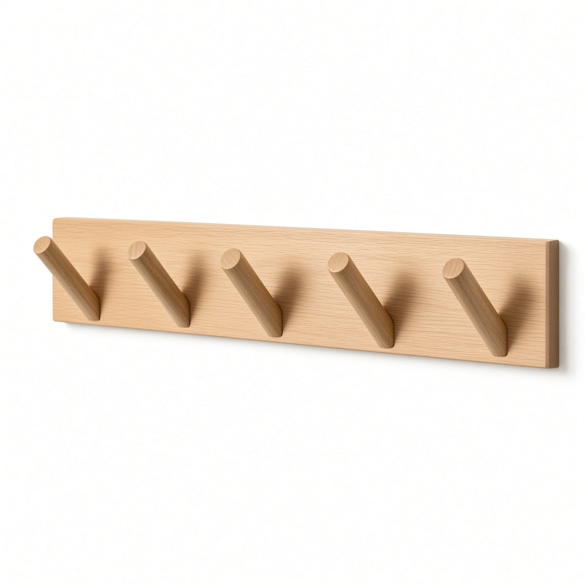 Wooden Wall Peg Rack with 5 Cylindrical Hooks | Light Oak Coat Hanger