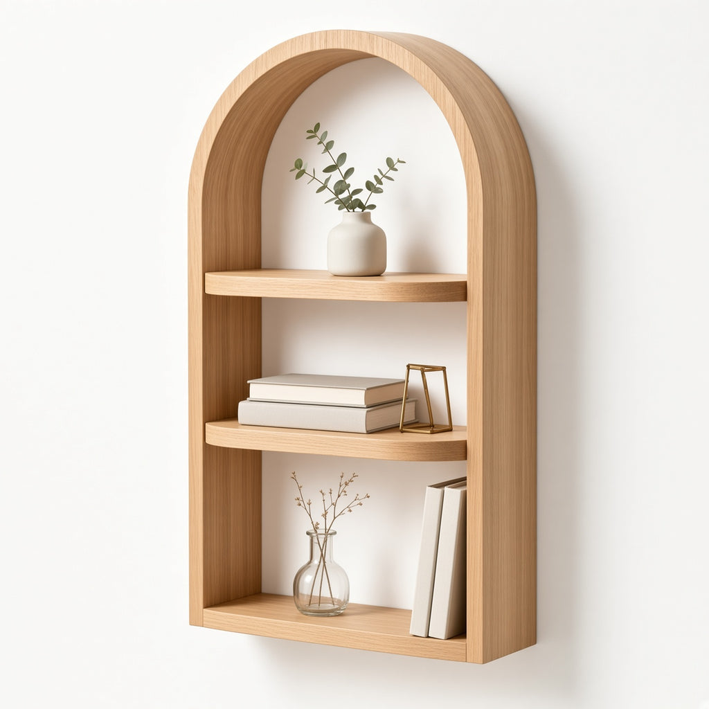 Arched Oak Wall Shelf with Two Tiers | Minimalist Wooden Display Shelf