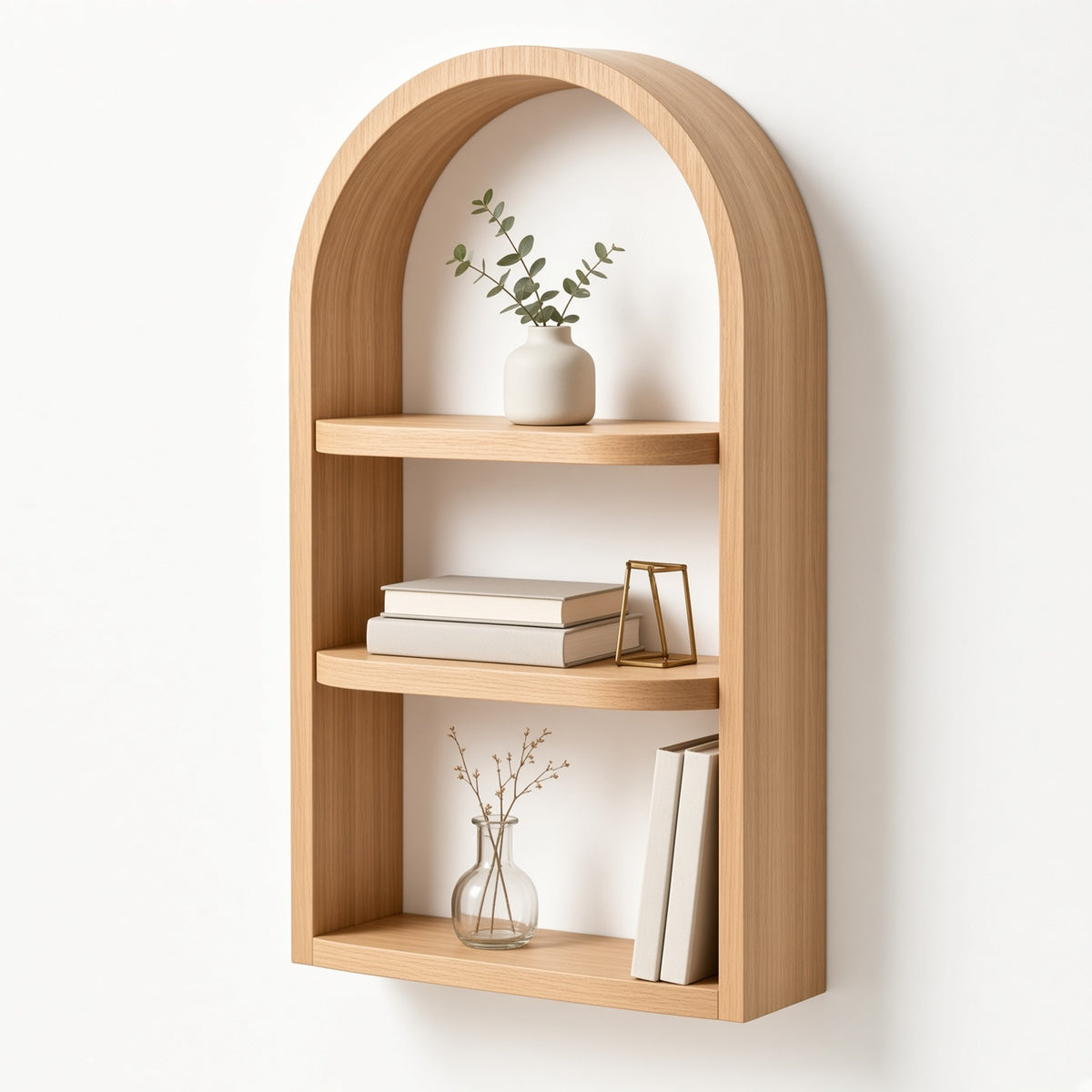 Arched Oak Wall Shelf with Two Tiers | Minimalist Wooden Display Shelf