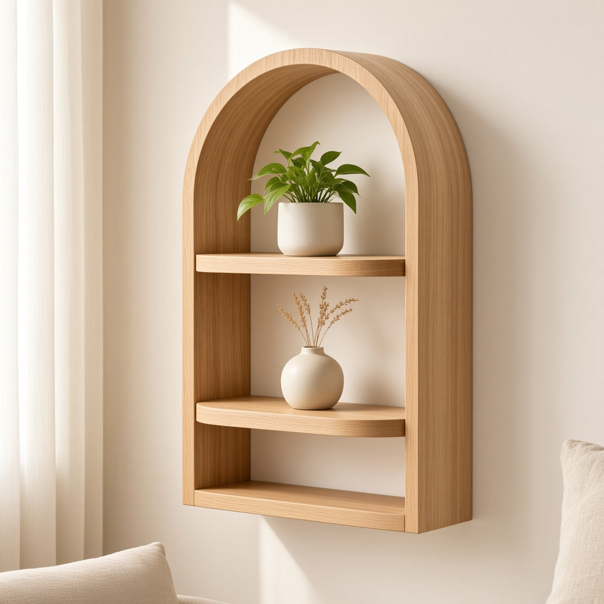 Arched Oak Wall Shelf with Two Tiers | Minimalist Wooden Display Shelf