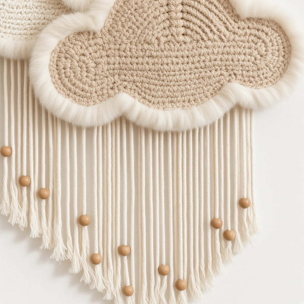Macrame Cloud Wall Hanging with Wooden Dowel | Boho Nursery & Bedroom Decor