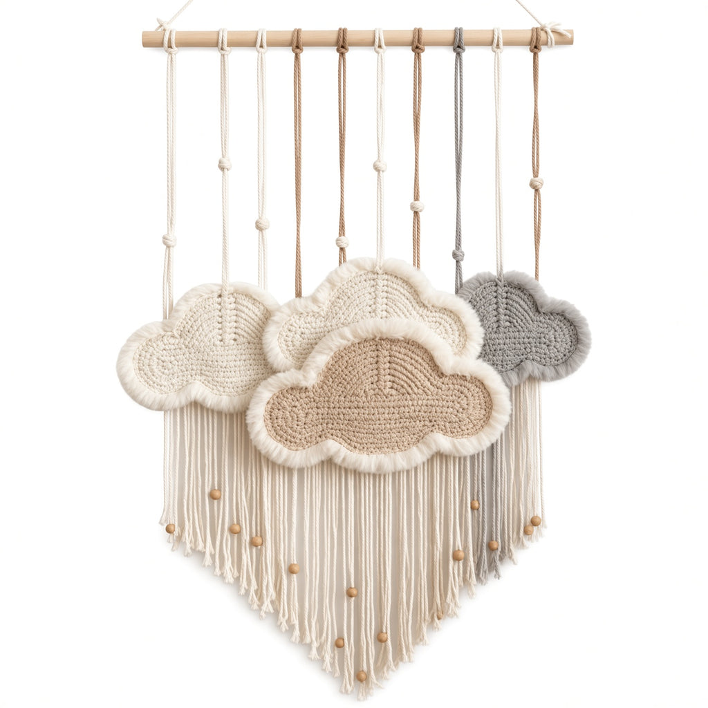 Macrame Cloud Wall Hanging with Wooden Dowel | Boho Nursery & Bedroom Decor