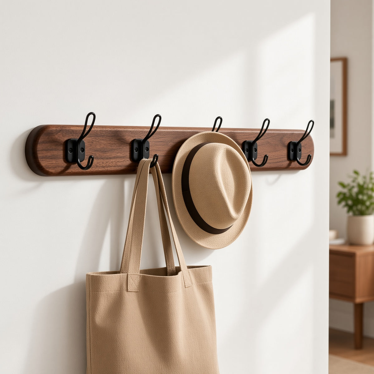 Wooden Wall Coat Rack with 5 Black Hooks | Walnut Finish Entryway Organizer
