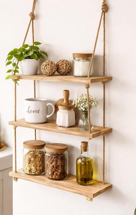 Three-Tier Hanging Rope Shelf in Natural Wood | Rustic Wall Storage