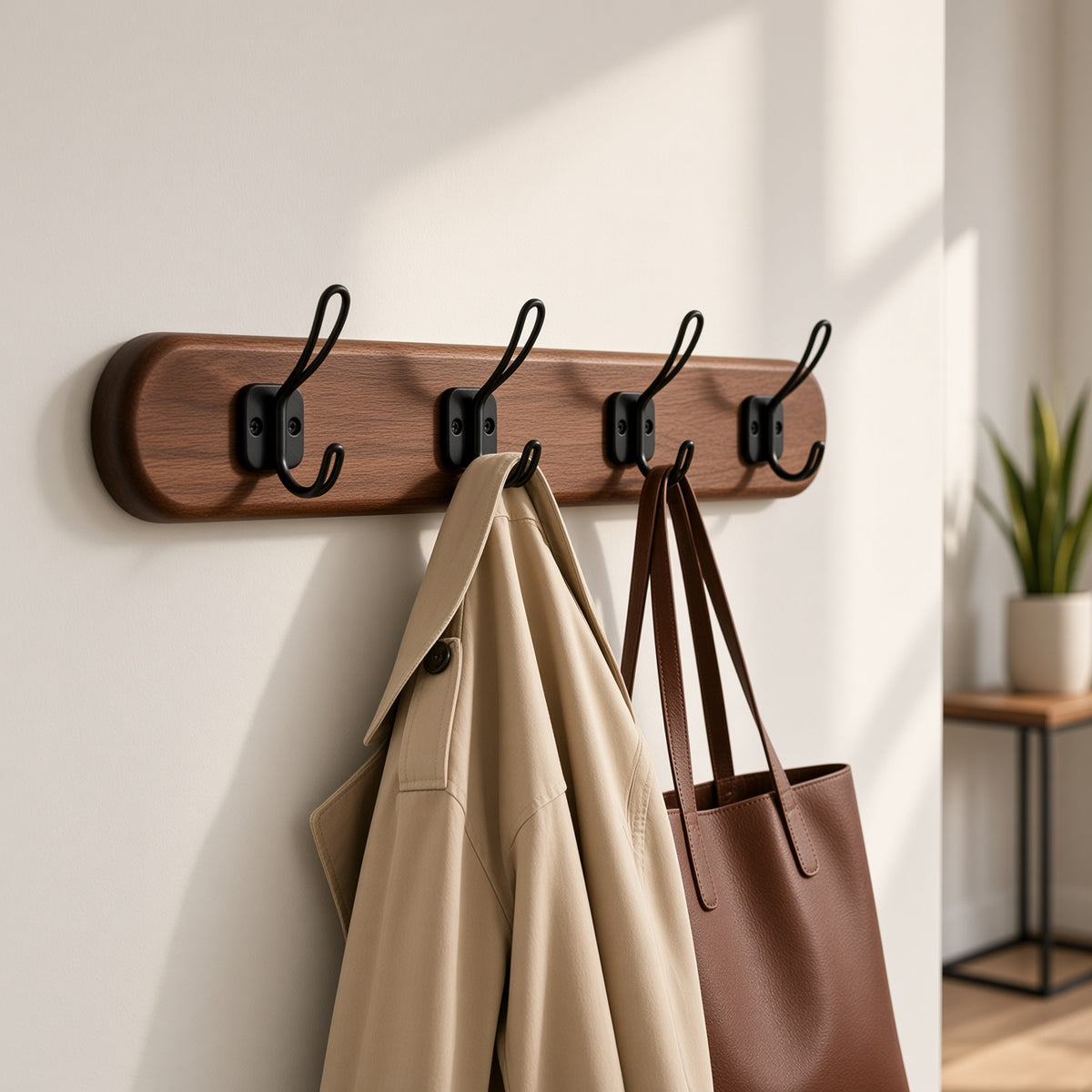 Wooden Wall Coat Rack with 5 Black Hooks | Walnut Finish Entryway Organizer