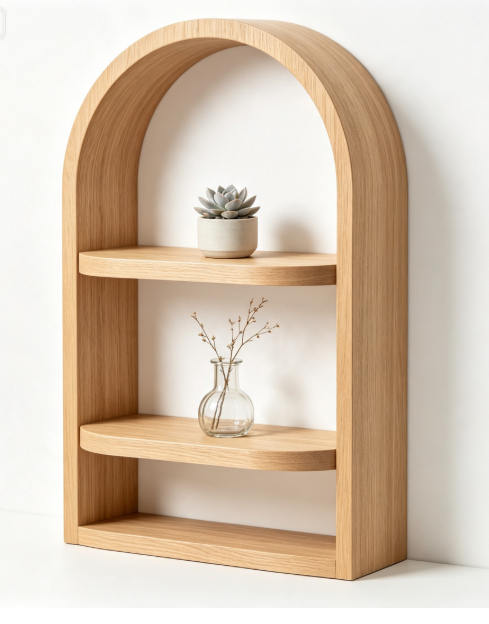 Arched Oak Wall Shelf with Two Tiers | Minimalist Wooden Display Shelf